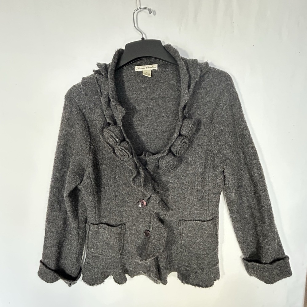 Marisa Christina Wool Cardigan L Gray Rosette Trim Cottagecore Vintage Y2K READ